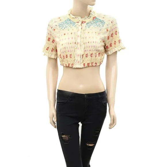 Free People Ditsy Floral Printed Cropped Top Ruffle Beige Buttondown S - Picture 1 of 4